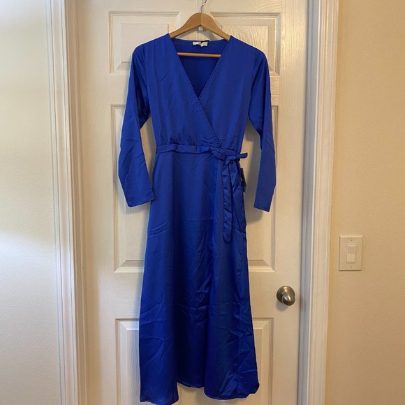 NSR Nordstrom Long Sleeve Faux Wrap Around Maxi Dress - Small - Royal Blue NWT - Picture 2 of 5